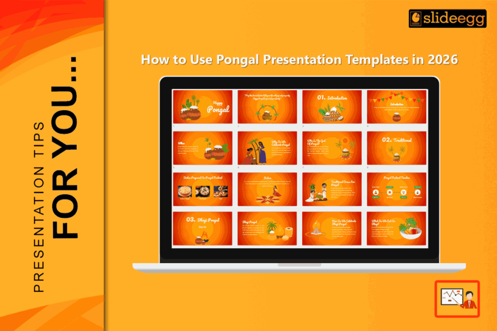 Pongal presentation templates for 2026 with harvest-themed slides, sugarcane visuals, and festive colors