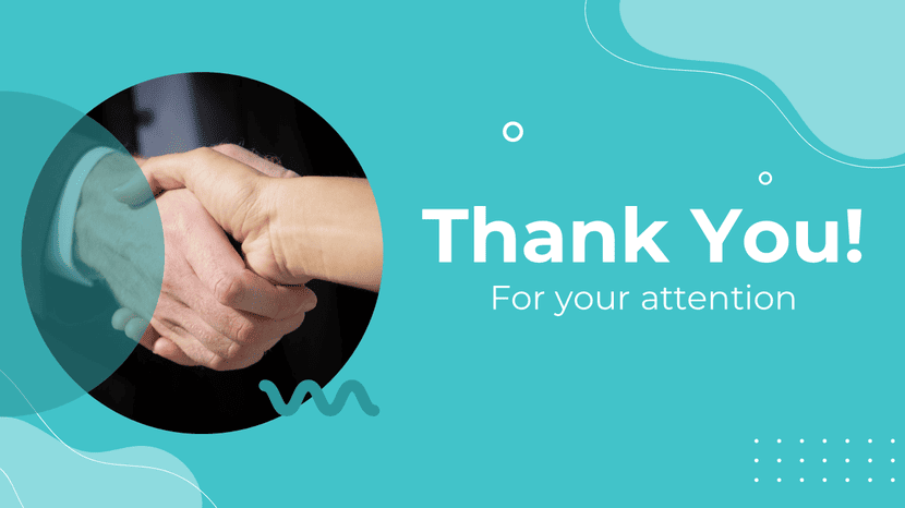 Modern thank you slide with handshake photo in circle on teal background, clean professional layout.