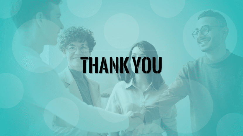 Business team shaking hands with THANK YOU text overlay, professional presentation closing slide.