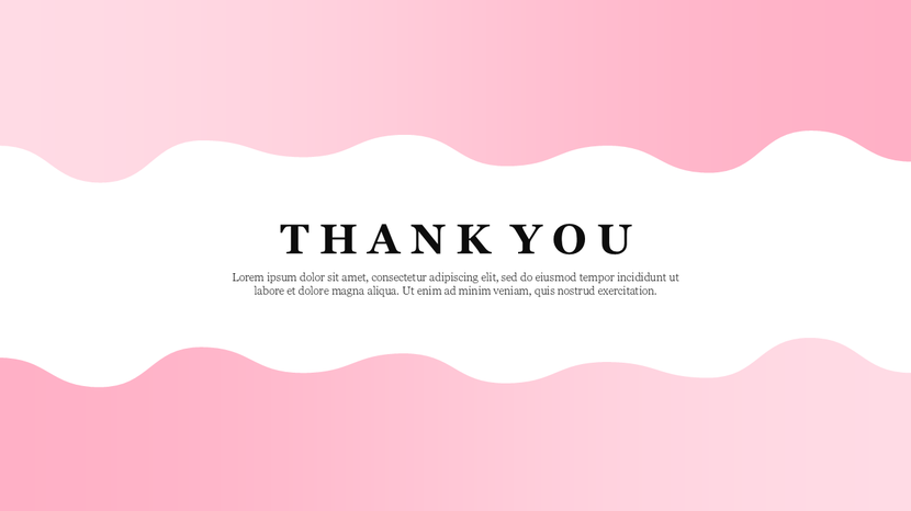 Soft pink thank you slide with flowing wave design and centered text for elegant presentations.