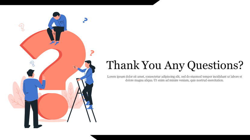 Illustration of people around a large question mark with Thank You Any Questions text on a presentation slide.