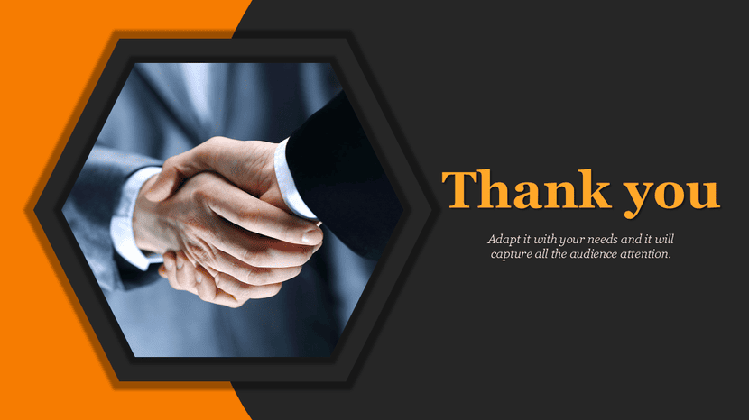 Close-up handshake in hexagon frame with Thank You text, modern professional presentation slide.