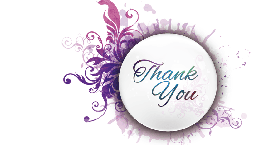 Artistic thank you slide with decorative purple swirls and elegant typography on a circular design.