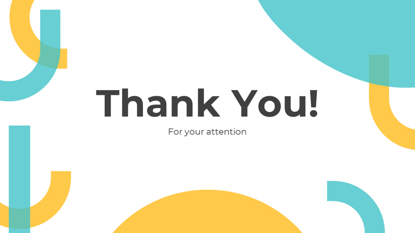 Minimal thank you slide with geometric shapes and text thanking audience for their attention.