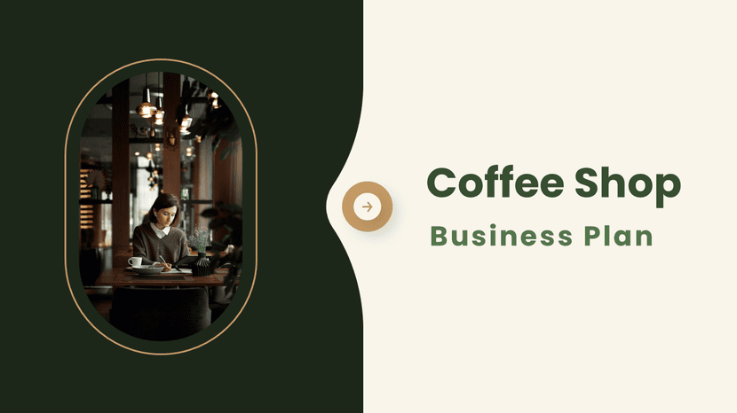 Coffee shop business plan cover slide with café interior and warm green layout