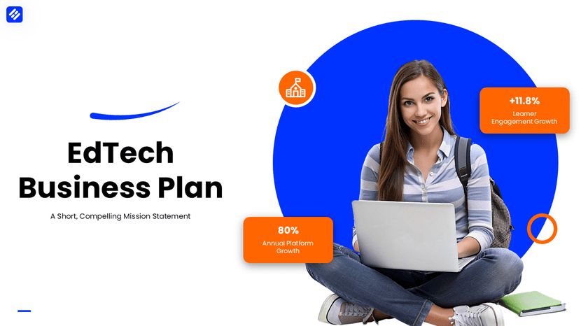 EdTech business plan presentation template with student with laptop learning technology concept