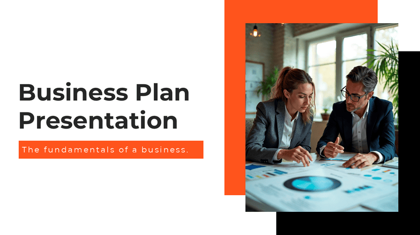 Business plan presentation slide with team analyzing charts