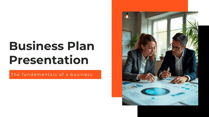 Business plan presentation slide with team analyzing charts