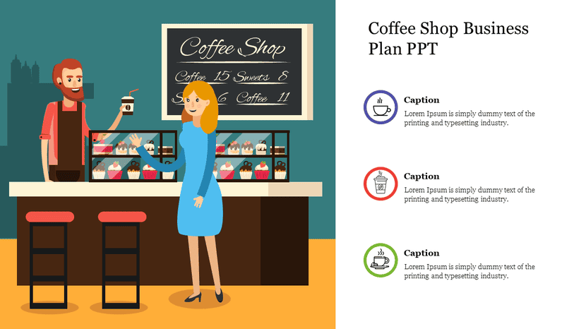 Coffee shop business plan PPT slide with barista, menu board, and service icons
