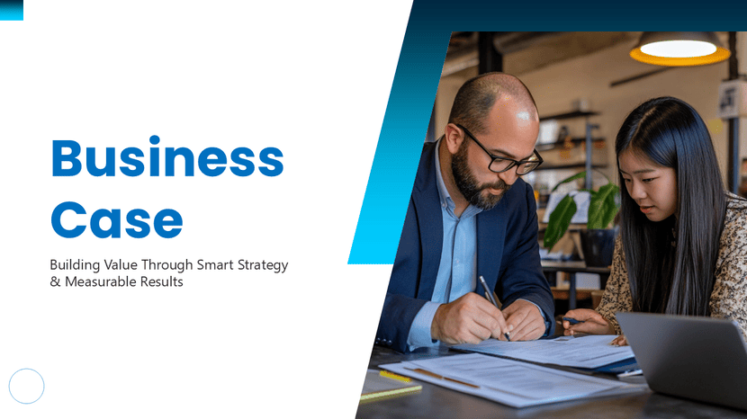 Business case presentation slide with professionals reviewing strategy