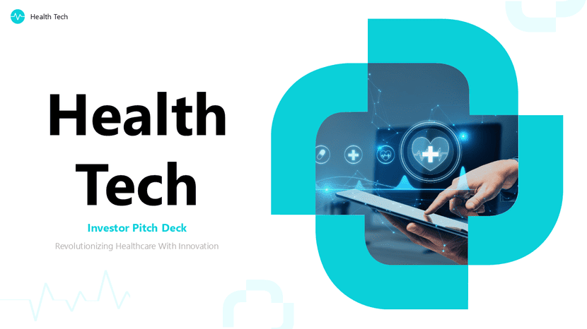 Health Tech Pitch: Health tech investor pitch featuring a tablet and healthcare icons on a digital screen.