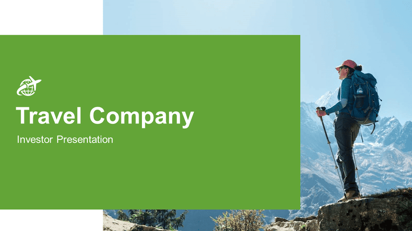 Travel Company Investor: Travel company investor pitch with a hiker and scenic mountain backdrop.