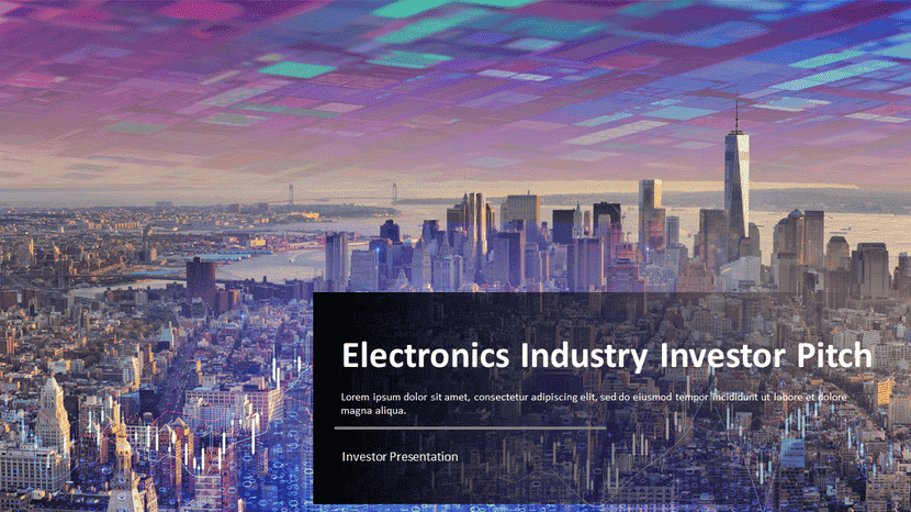 Electronics Industry Pitch: Electronics industry pitch featuring professionals and a cityscape with tech data.