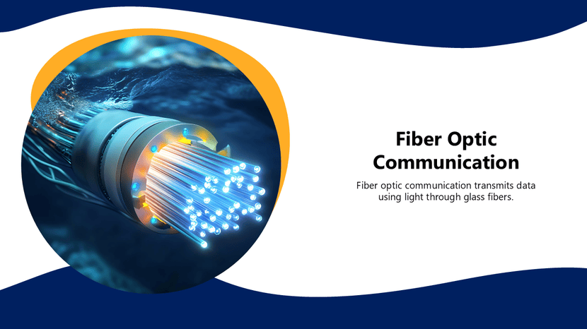 Fiber Optic Communication: Fiber optic cables transmitting light signals through fibers for high-speed data transfer.