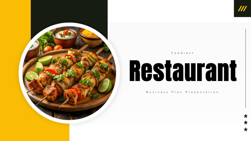 Restaurant business plan presentation template with food dish concept for hospitality planning