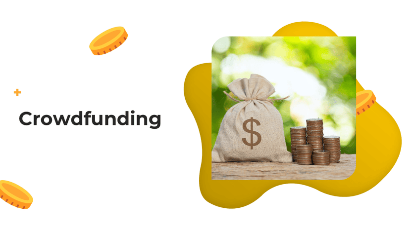 Crowdfunding presentation template with funding concept and money bag investment illustration