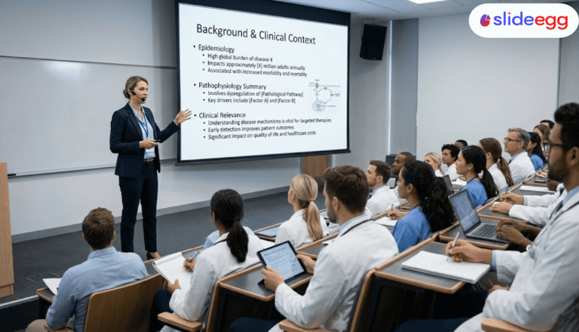 Cardiology presentation slide showing patient background, clinical context, heart diagram, and ECG data explaining case history clearly