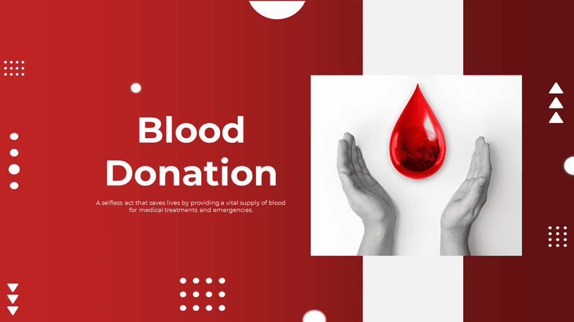 Blood donation slide with hands holding glossy red blood drop icon on bold red background, awareness theme