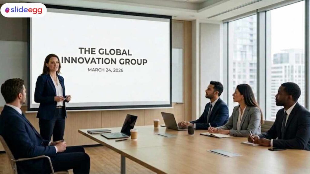 Business presentation for The Global Innovation Group with team members attending a meeting on March 24, 2026