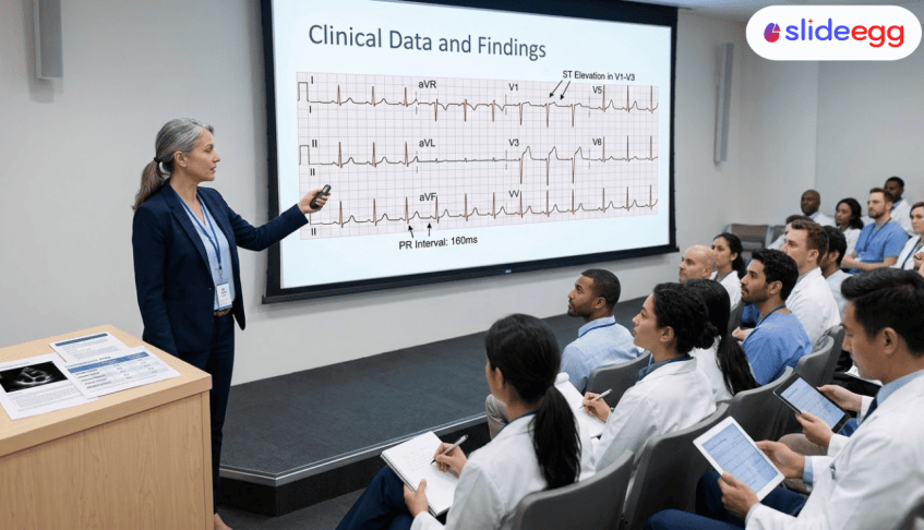 Cardiology presentation slide displaying clinical data, ECG results, lab reports, and key findings with charts for clear medical analysis