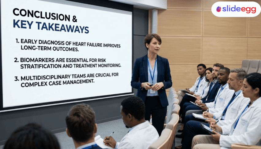 Summary section presenting key findings, treatment outcomes, and essential cardiology takeaways for medical audience