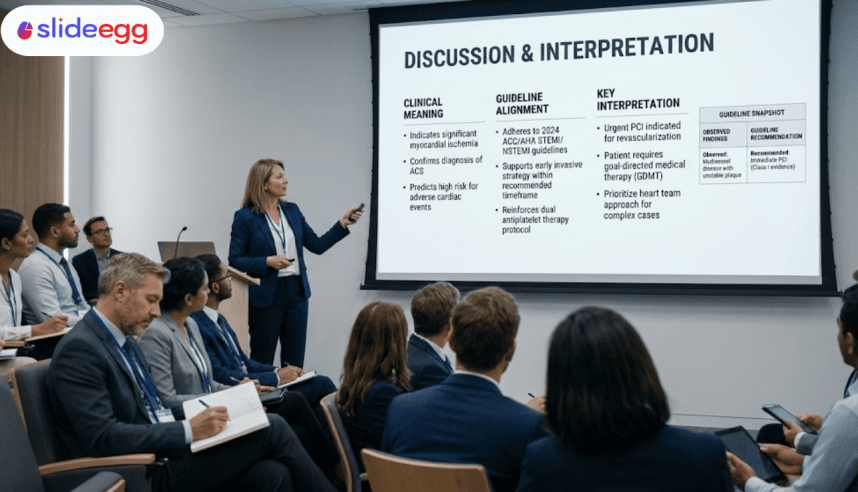 Medical discussion section explaining heart test results, ECG patterns, and doctor insights from patient clinical data