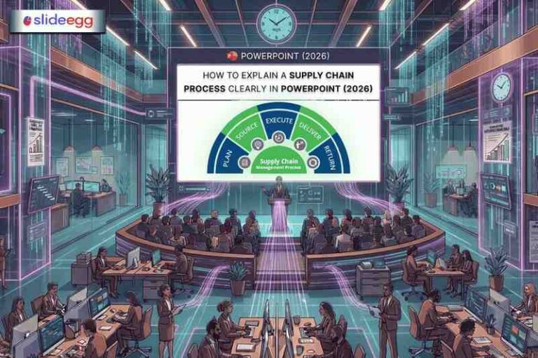 PowerPoint slide showing the steps of the supply chain management process: Plan, Source, Execute, Deliver, Return.