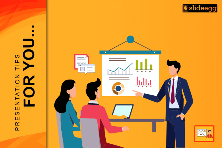 Business presentation with graphs and charts shown by a man to two people sitting at a table on yellow background.
