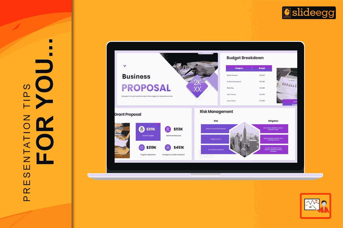 Business professional presenting a strong proposal presentation with charts, strategy slides, and growth plan.