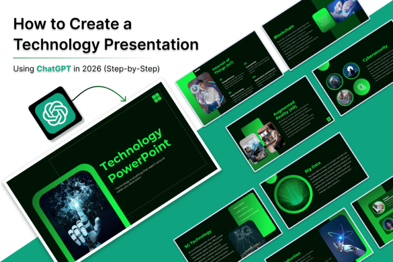 Step-by-step guide on creating a technology presentation using ChatGPT in 2026, showcasing various tech topics.