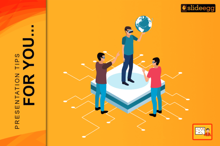 Illustration of three people using virtual reality, with one holding a globe, symbolizing tech presentations.