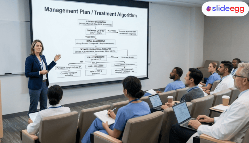 Medical treatment algorithm showing cardiology management plan with step by step care pathway, medication options, and decision flow