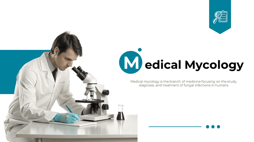 Medical mycology slide showing lab scientist using microscope at desk, minimal white and teal layout