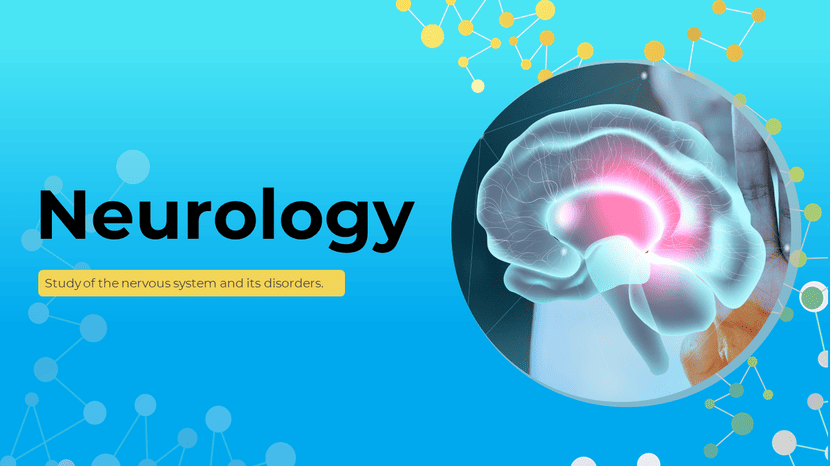 Neurology slide with glowing brain scan graphic in circle on blue background with molecule network accents