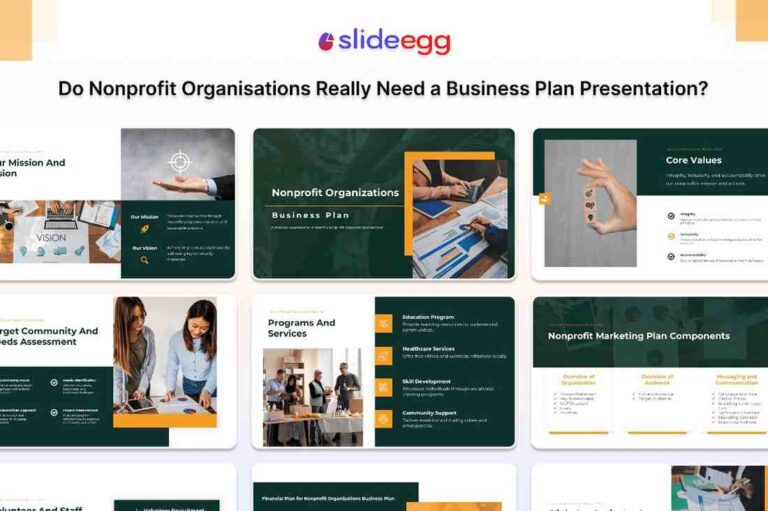Non-profit organizations business plan presentation with various slides showcasing mission, core values, community assessment, and marketing components