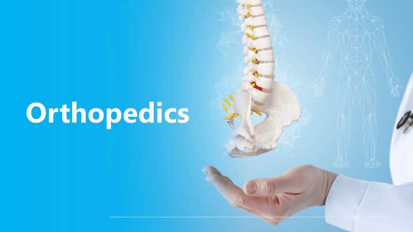 Orthopedics slide showing spine and pelvis model above doctor hand, blue clinical background and clean text