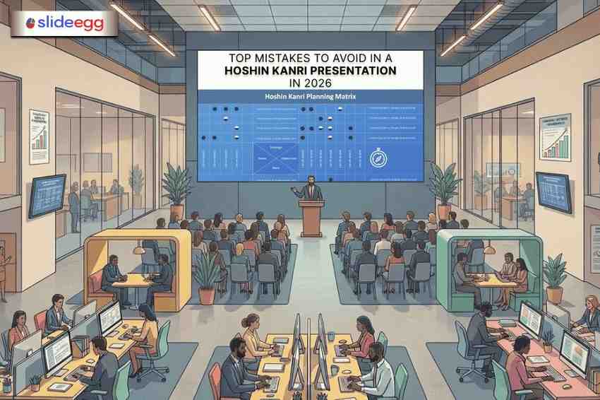 The corporate team attended the Hoshin Kanri presentation with strategy matrix screen and collaborative workspace setting in 2026.