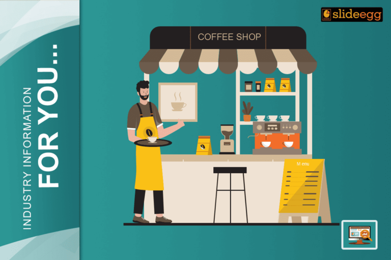 Illustration of a coffee shop storefront with barista, espresso machine, and menu board display.
