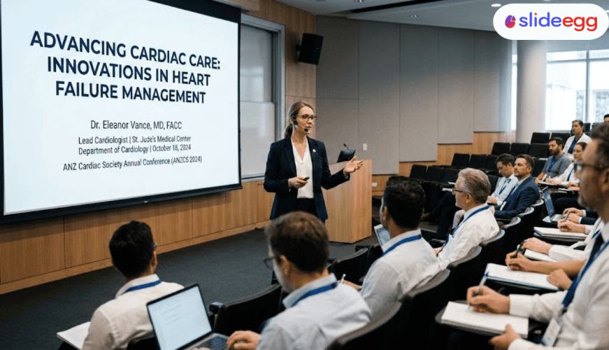 Cardiology presentation title slide with heart anatomy illustration, ECG waveform background, and medical conference heading for doctors