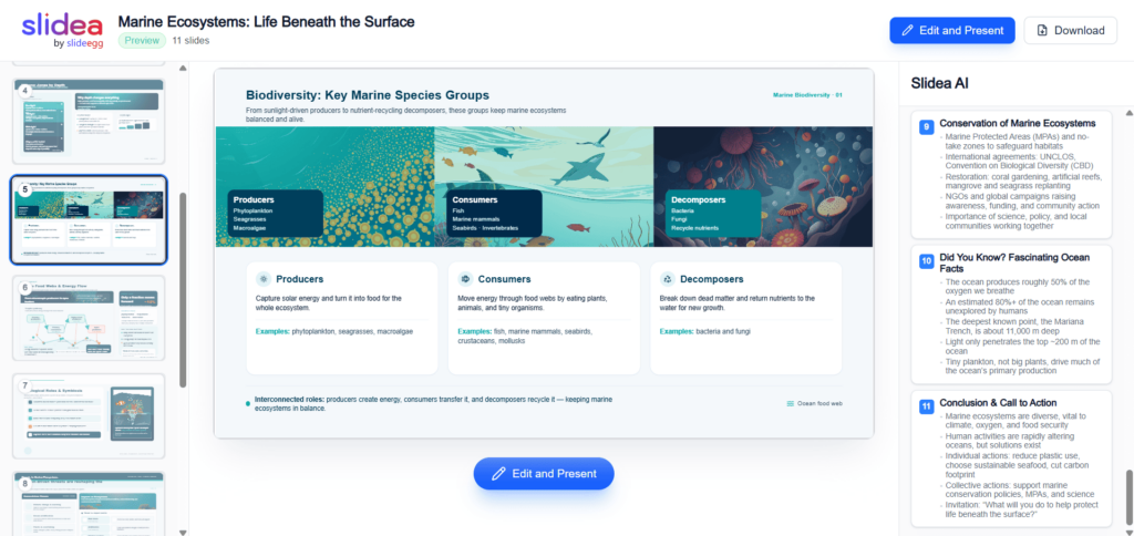 SlideEgg AI interface showing a generated presentation slide