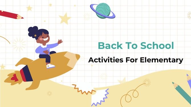 Back to school activities for elementary kids with cartoon child riding pencil rocket and playful classroom theme design