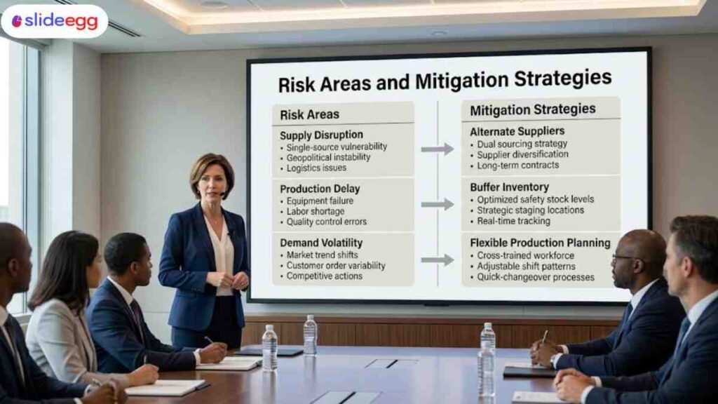Business presentation discussing risk areas and mitigation strategies, with a focus on supply chain and production.