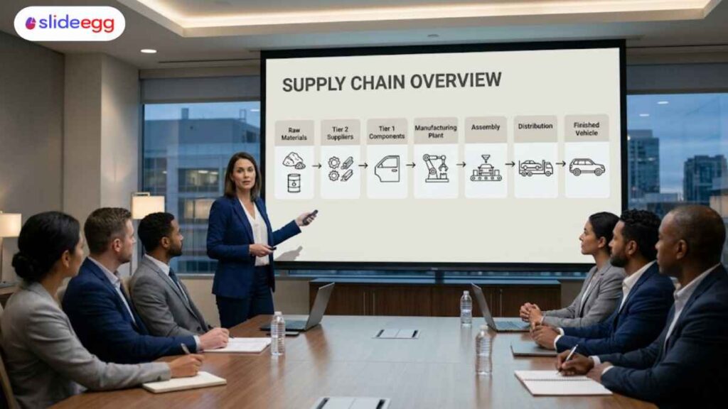 Business presentation showing the supply chain process from raw materials to finished vehicle with team discussion.