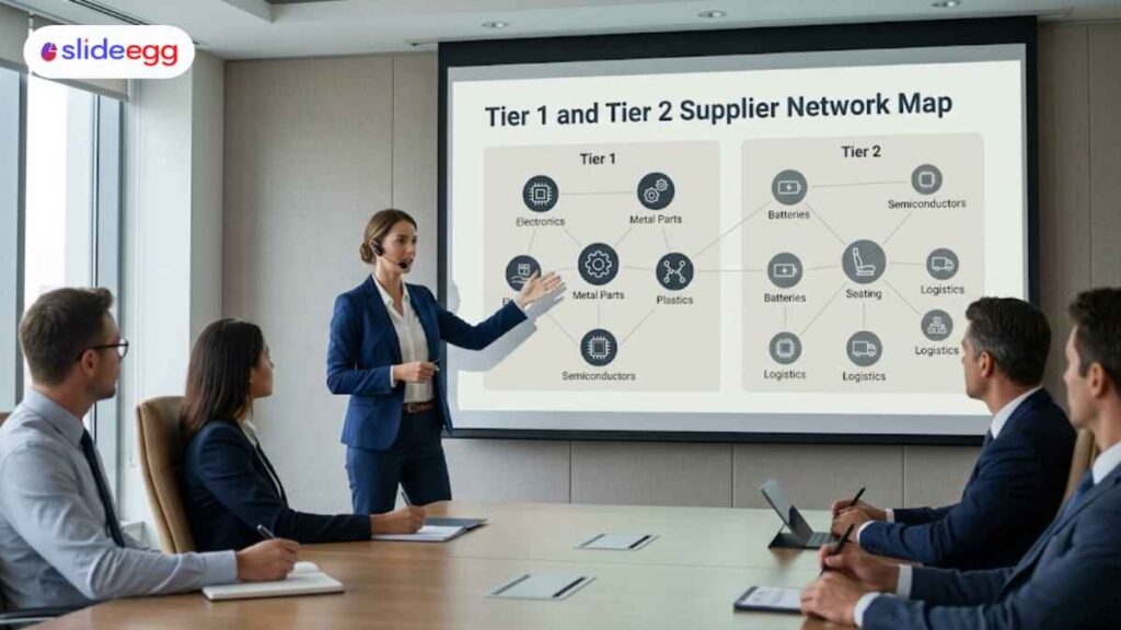 Business presentation showing Tier 1 and Tier 2 supplier network map, highlighting various components and suppliers.