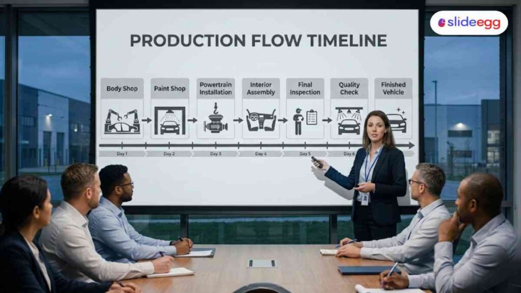 Business presentation showing the production flow timeline from body shop to finished vehicle, with team discussion.