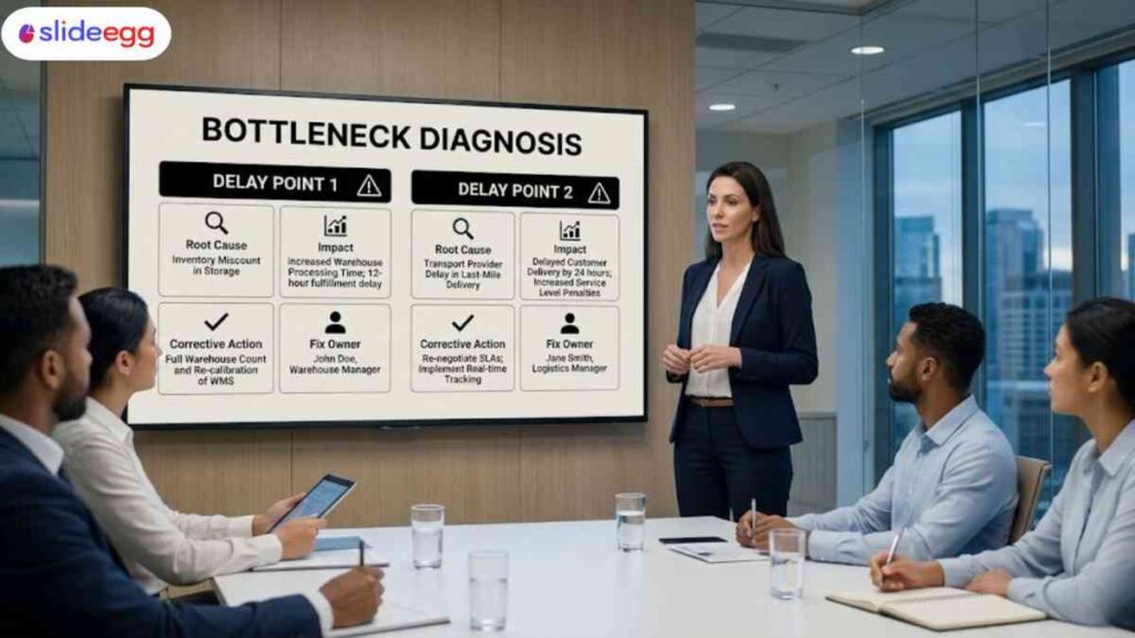 Business presentation showing bottleneck diagnosis with delay points, root causes, impact, and corrective actions.