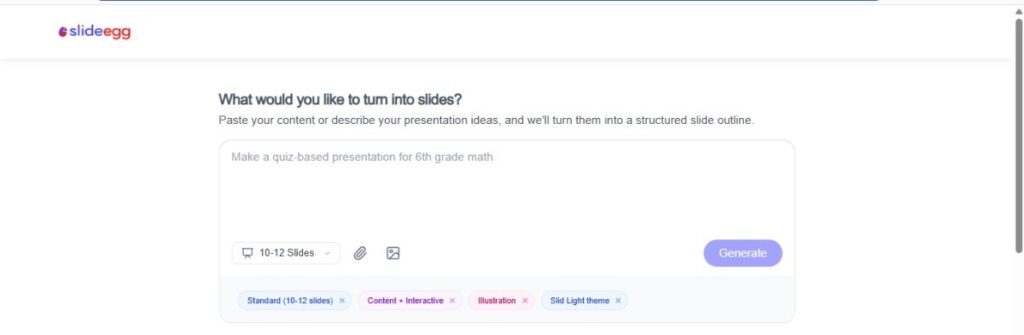 SlideEgg AI tool interface where users can input content to generate interactive slide decks in various themes.