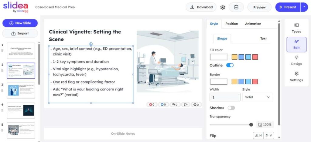 Editing a clinical vignette slide in SlideEgg, showcasing patient details, symptoms, and medical questions.