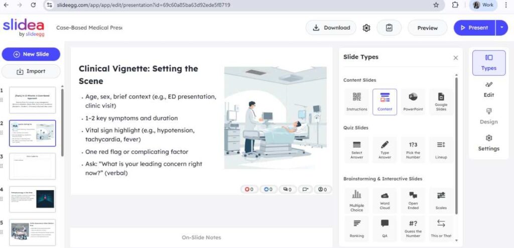 SlideEgg tool interface for creating medical presentation slides with content options and interactive slides.