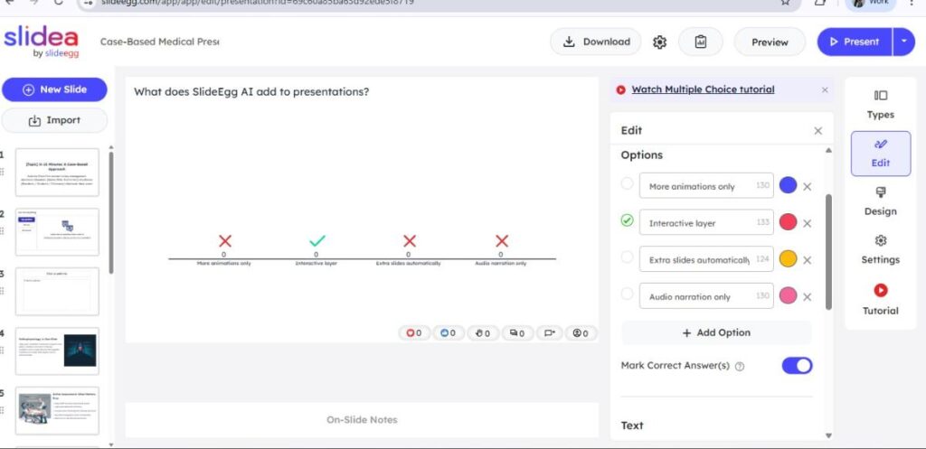 SlideEgg AI interface showing multiple choice question with interactive layer option for presentations.